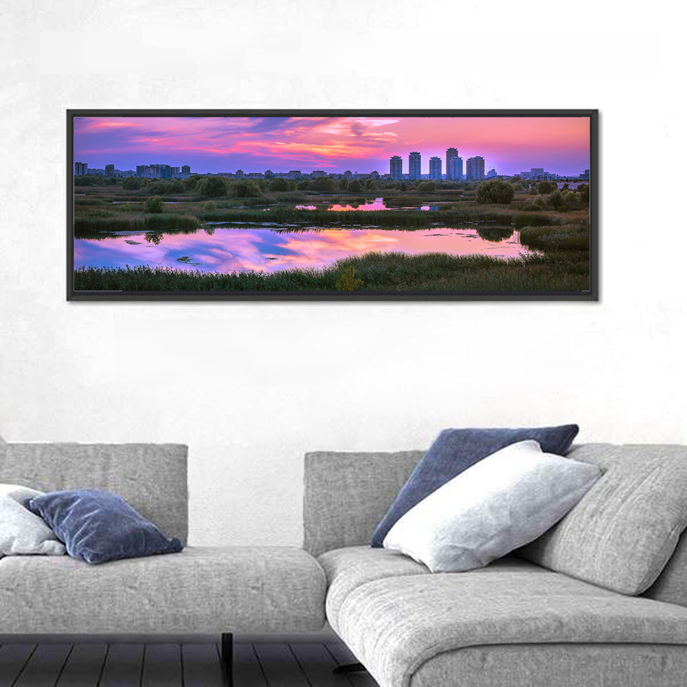 Vacaresti Park Sunset Reflection Wall Art in a room, panoramic