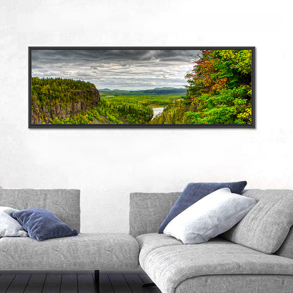 Ouimet Canyon Autumn View Wall Art in a room, panoramic