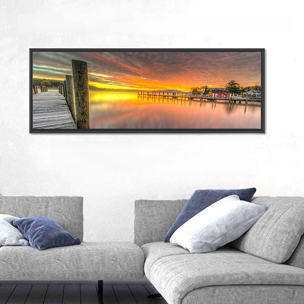 Meredith Bay Pier at Sunrise Wall Art in a room, panoramic