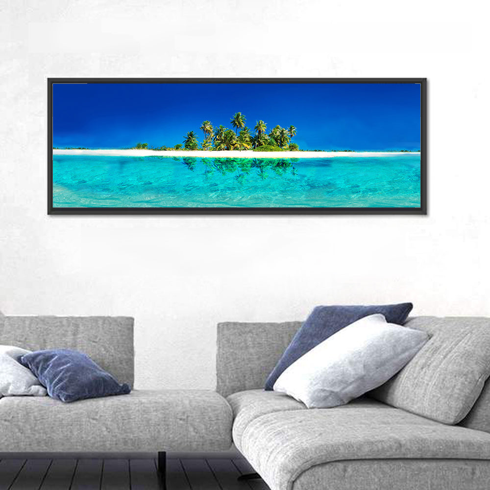 Tranquil Split-level Tropical Island Seascape Wall Art in a room, panoramic
