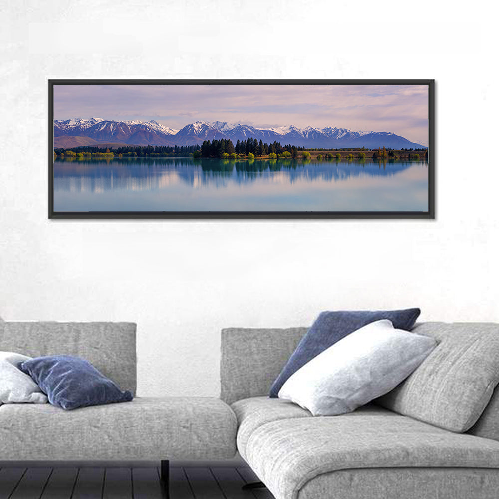 Lake Ruataniwha Reflection Wall Art in a room, panoramic
