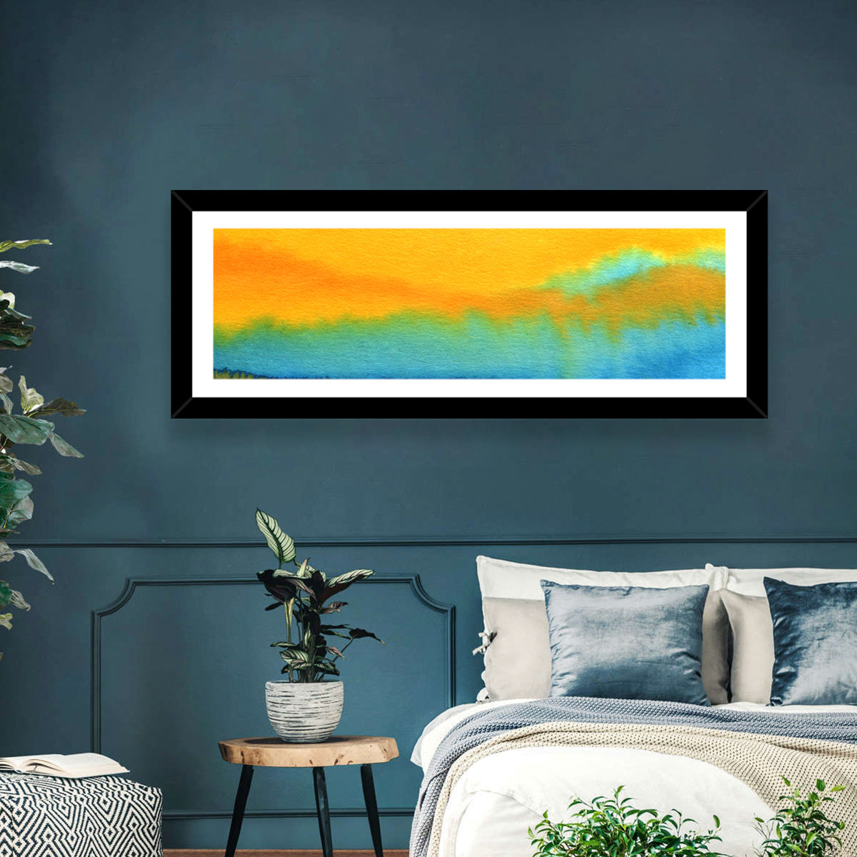 Sunset Horizon Watercolor Wall Art in a room, panoramic