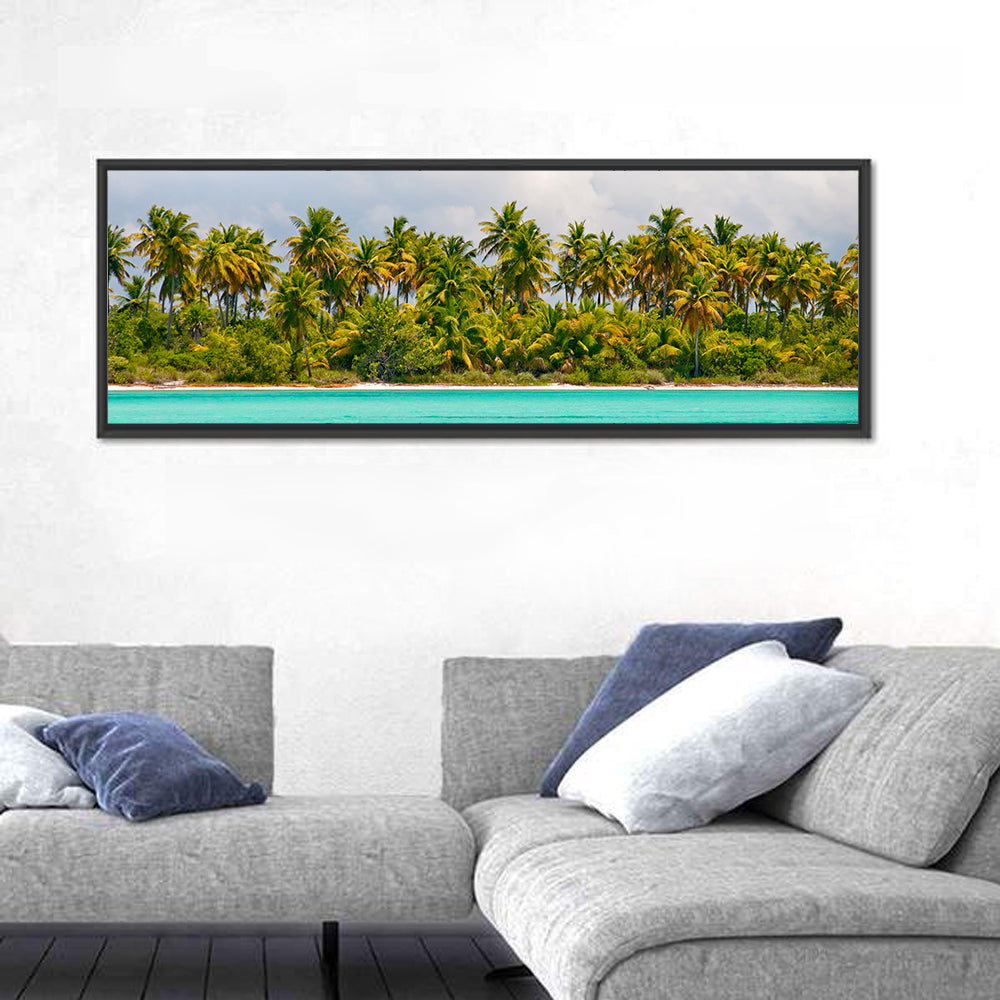 Turquoise Lagoon Palm Tree Beach Wall Art in a room, panoramic