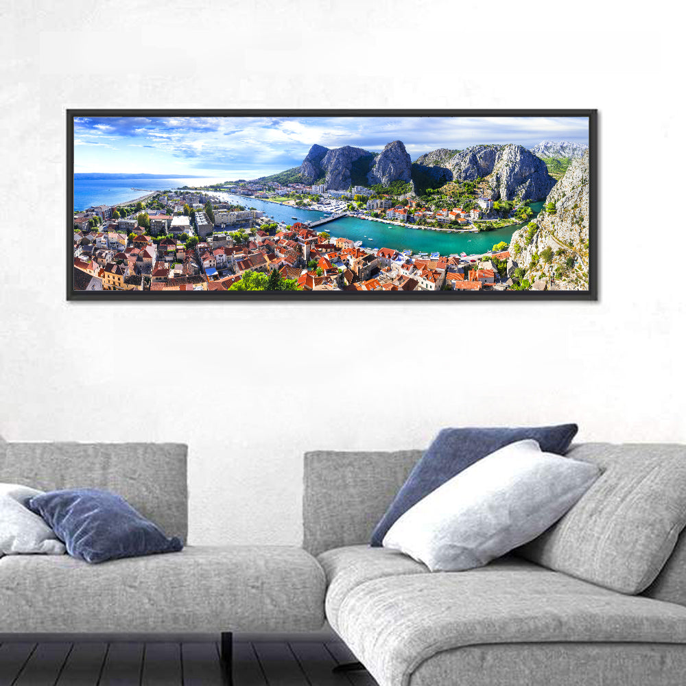 Omiš Cetina River Mouth Canyon View Wall Art in a room, panoramic