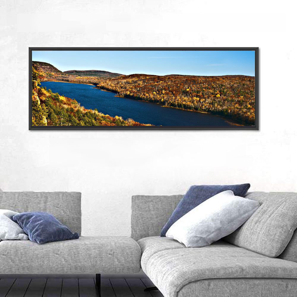 Lake of the Clouds Golden Hour Wall Art in a room, panoramic