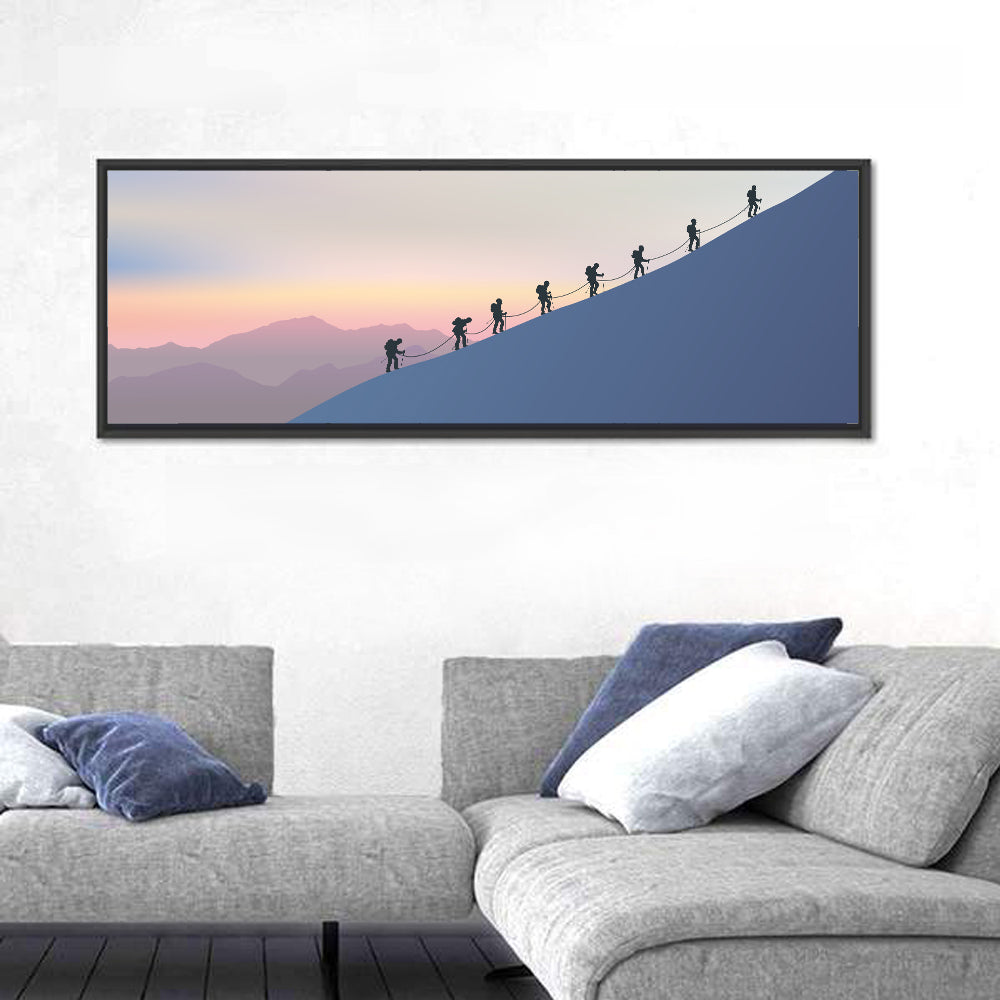 Eight Mountaineers at Dawn Wall Art in a room, panoramic