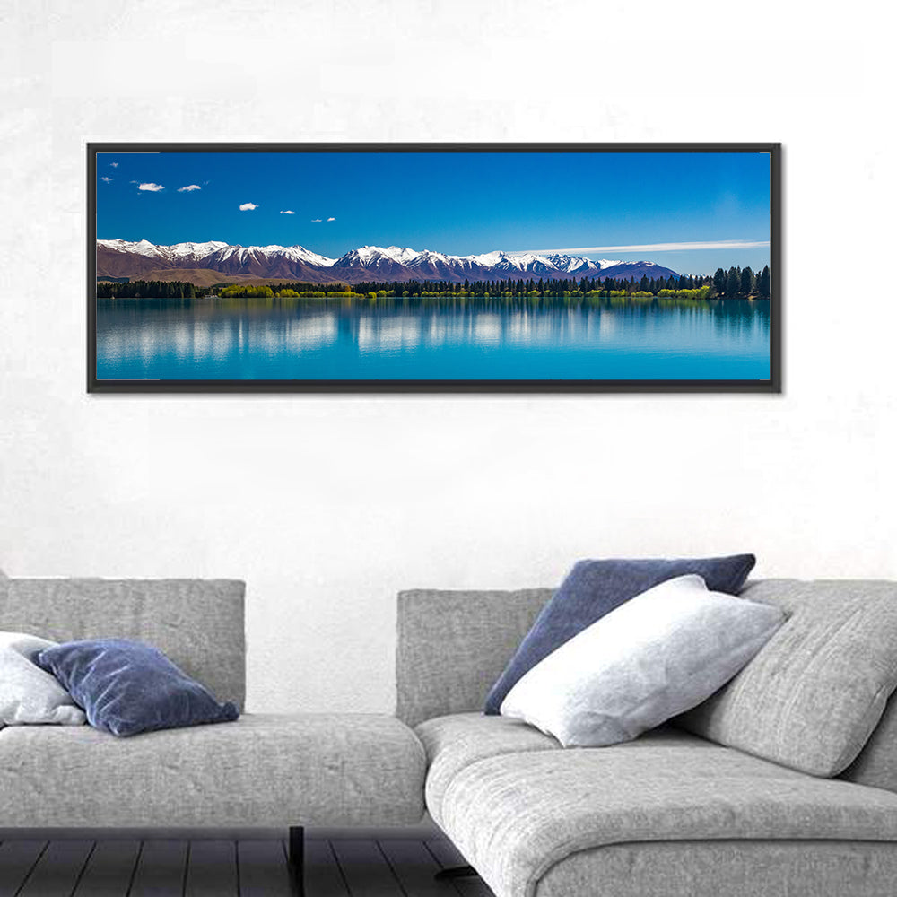 Lake Ruataniwha Reflection Wall Art in a room, panoramic