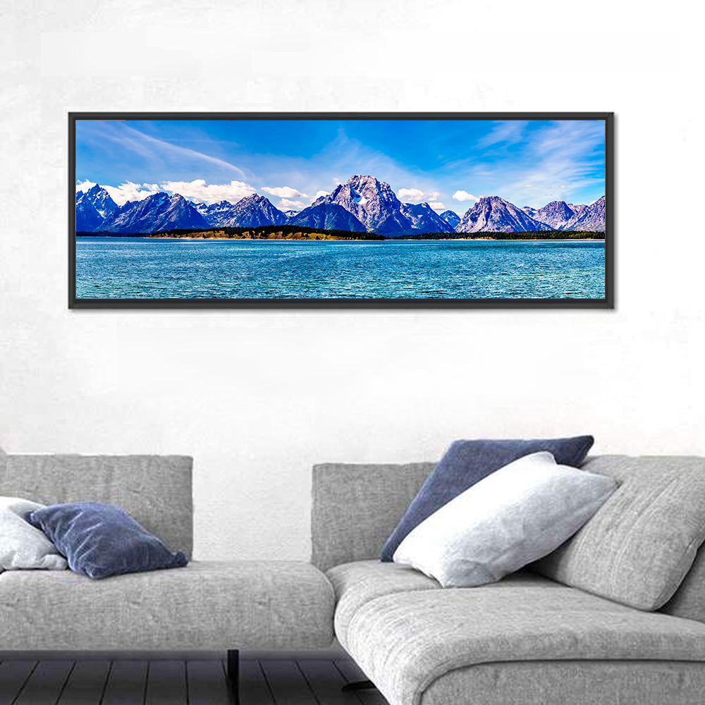 Mount Moran Over Jackson Lake Wall Art in a room, panoramic