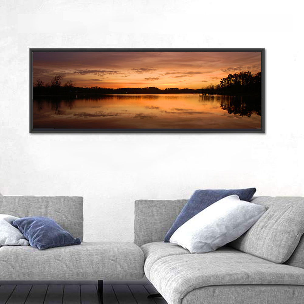 Lake Weiss Sunrise Reflection Wall Art in a room, panoramic