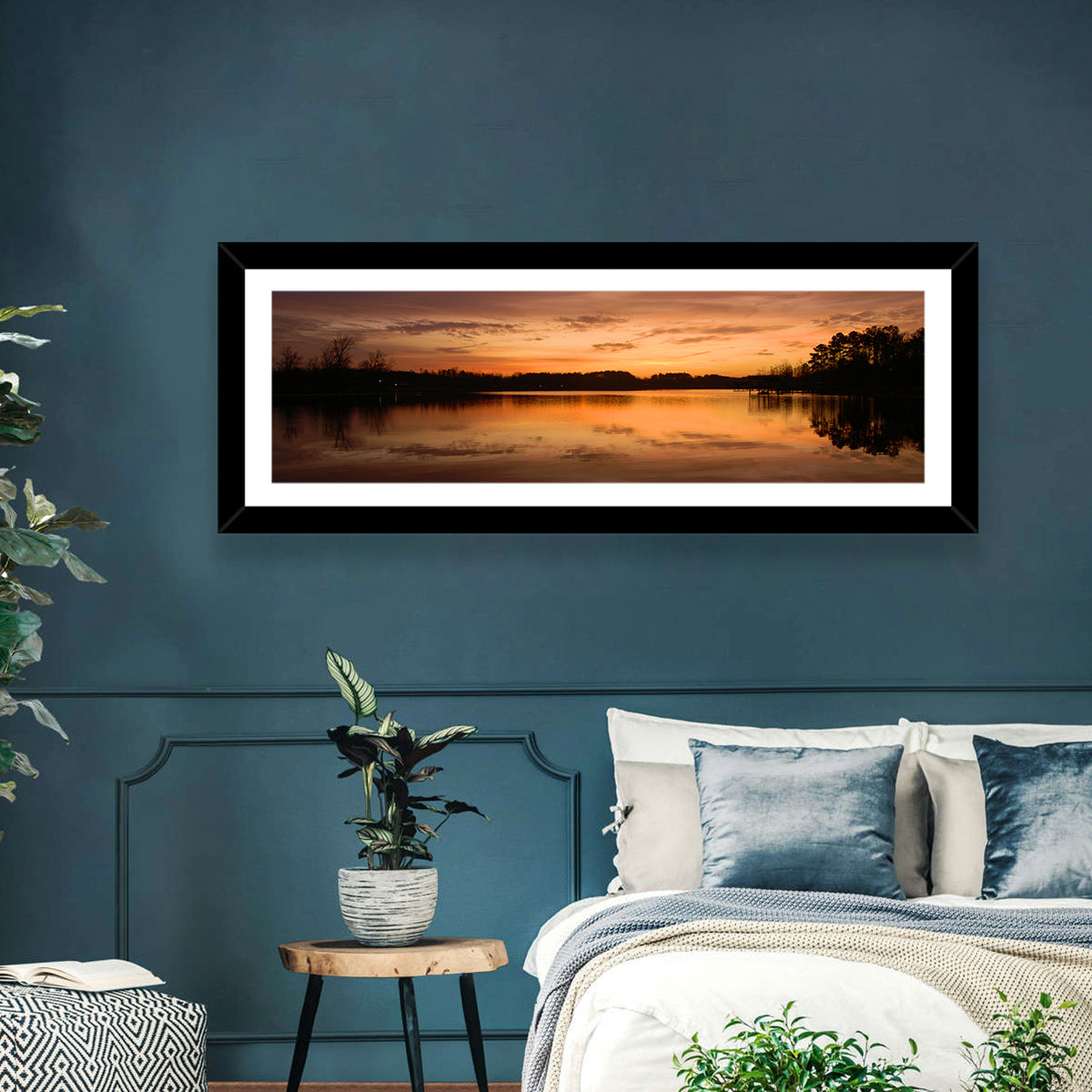 Lake Weiss Sunrise Reflection Wall Art in a room, panoramic