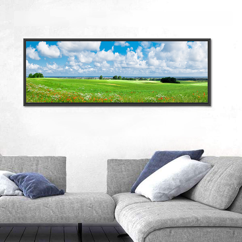Summer Meadow with Poppies Wall Art in a room, panoramic