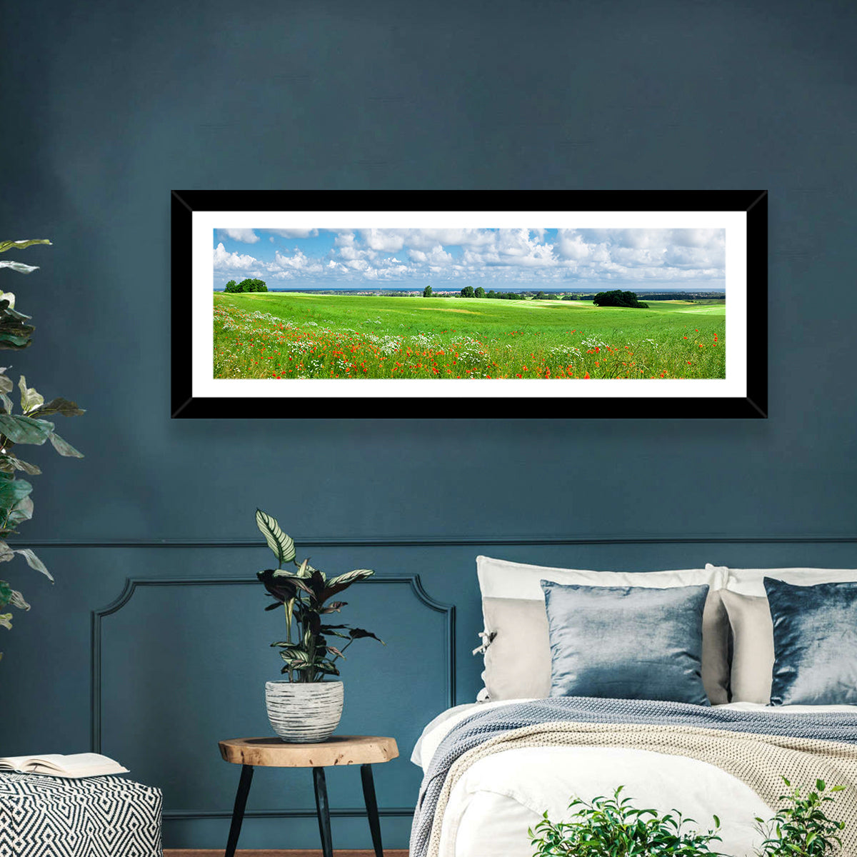 Summer Meadow with Poppies Wall Art in a room, panoramic