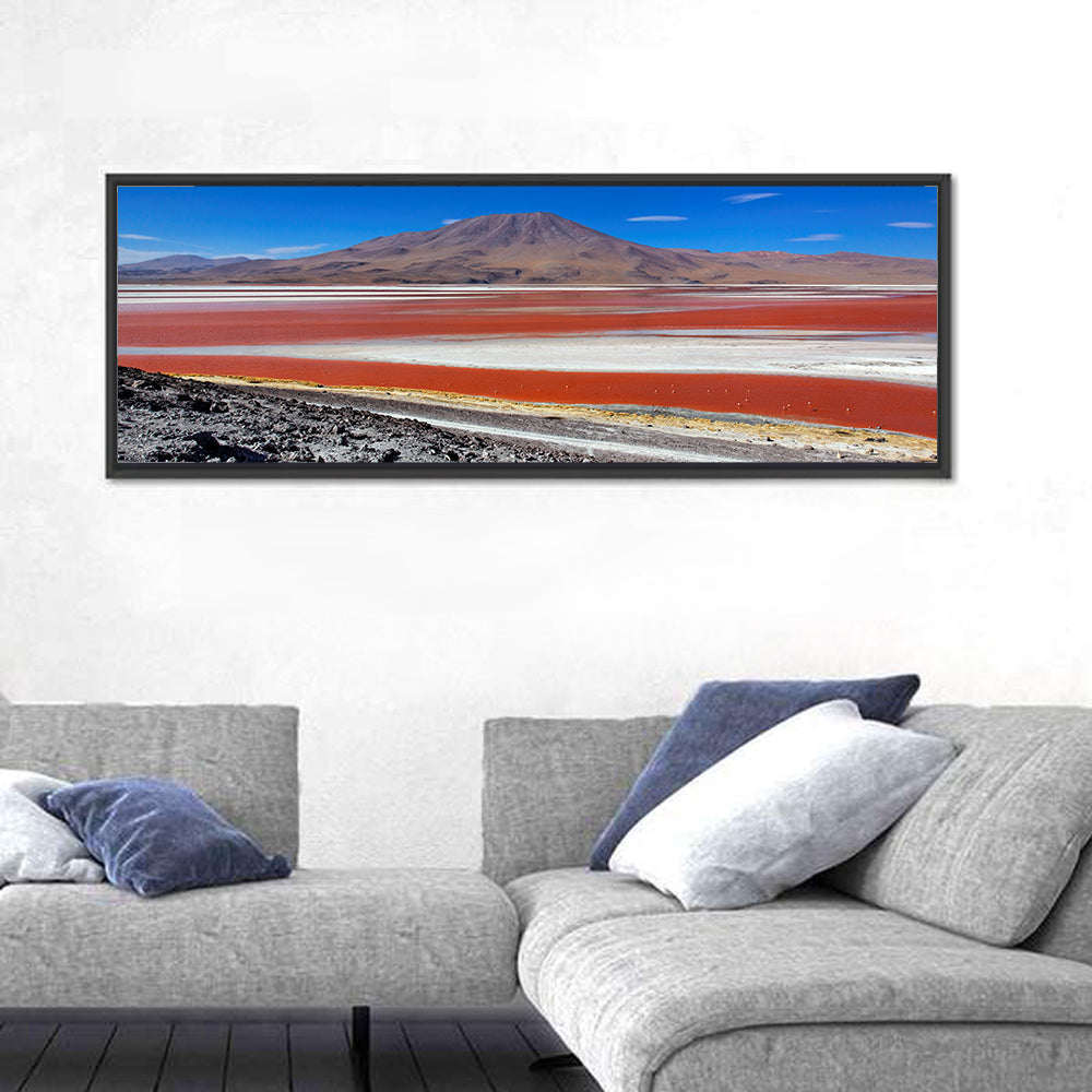 Laguna Colorada Red Lake Wall Art in a room, panoramic