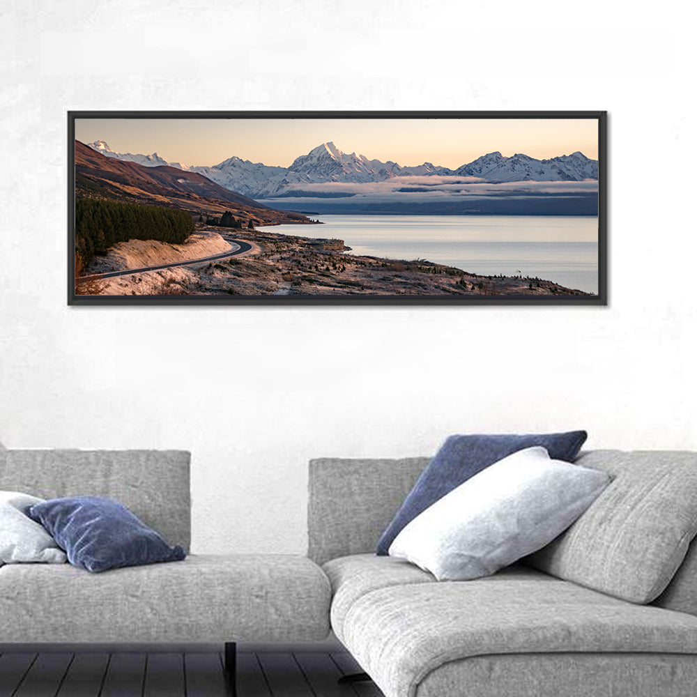Mount Cook Over Lake Pukaki Wall Art in a room, panoramic