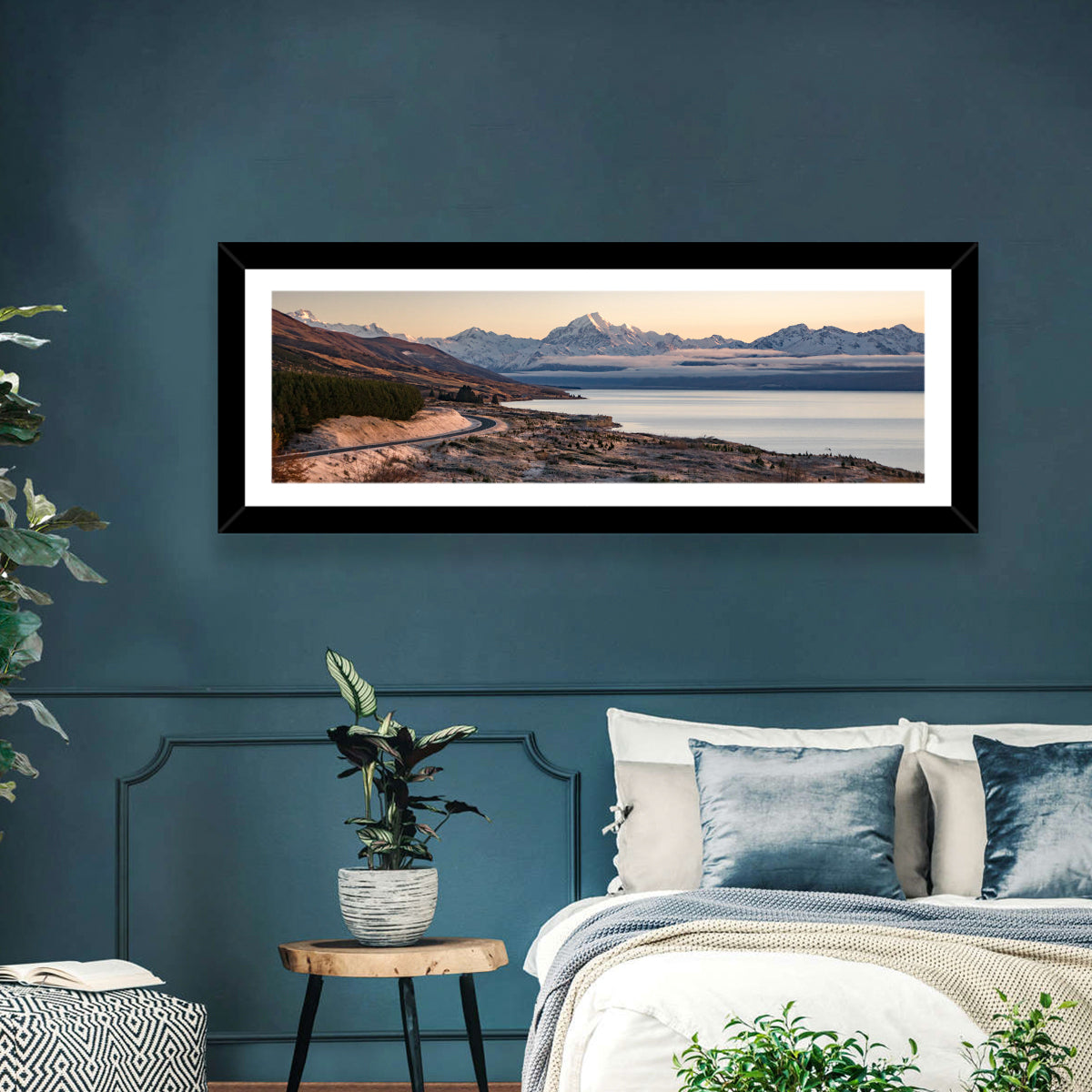Mount Cook Over Lake Pukaki Wall Art in a room, panoramic