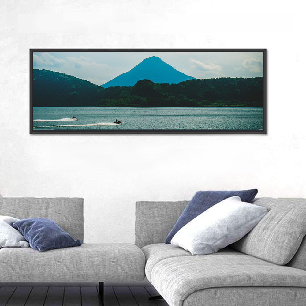Kaimon Dake Over Lake Ikeda Wall Art in a room, panoramic