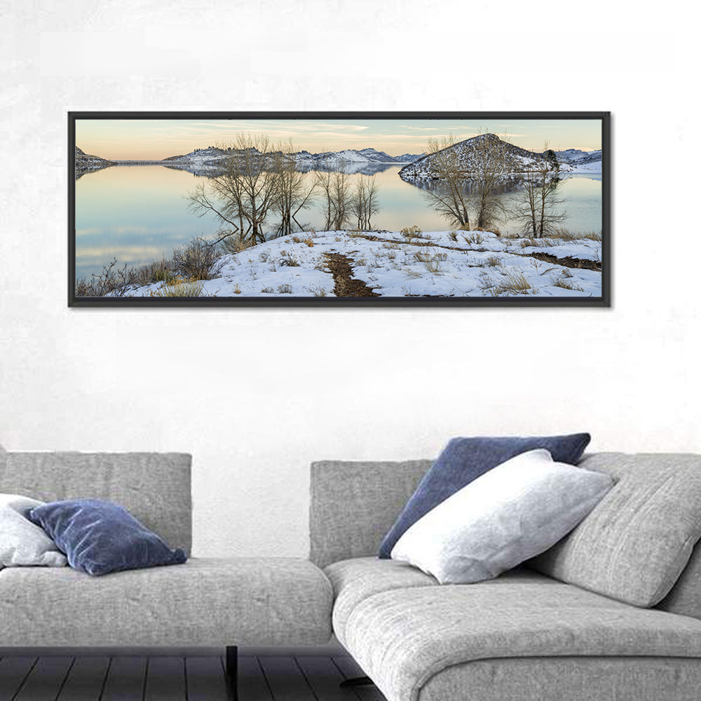 Horsetooth Reservoir Frozen Reflection Wall Art in a room, panoramic