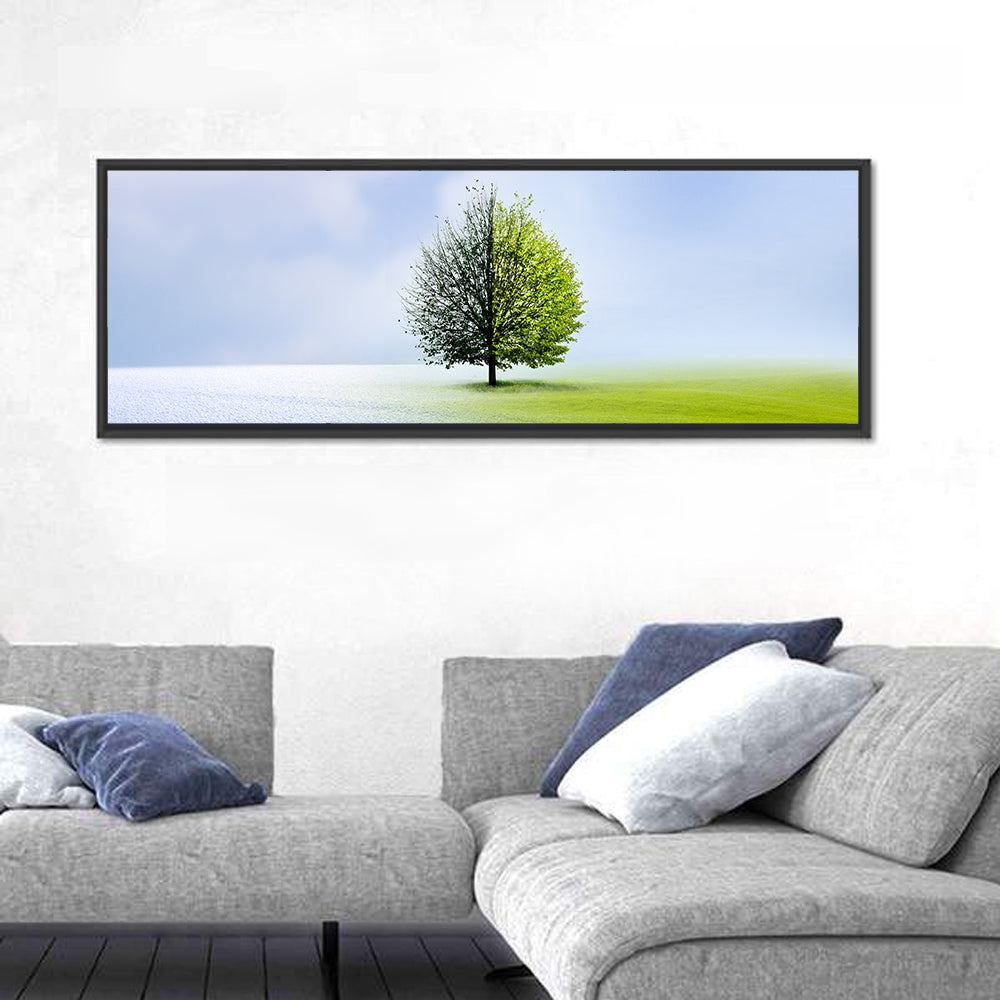 Winter to Spring Tree Wall Art in a room, panoramic