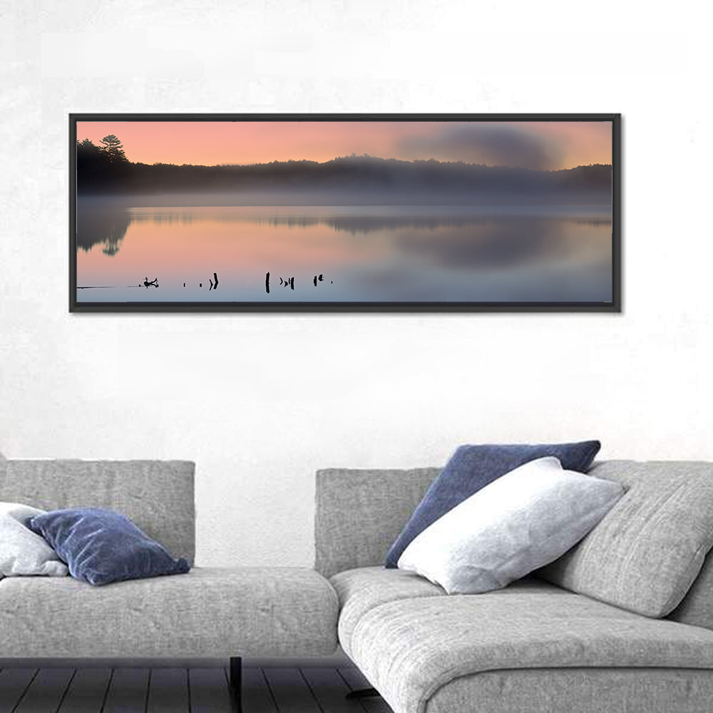 Pete's Lake at Dawn Wall Art in a room, panoramic