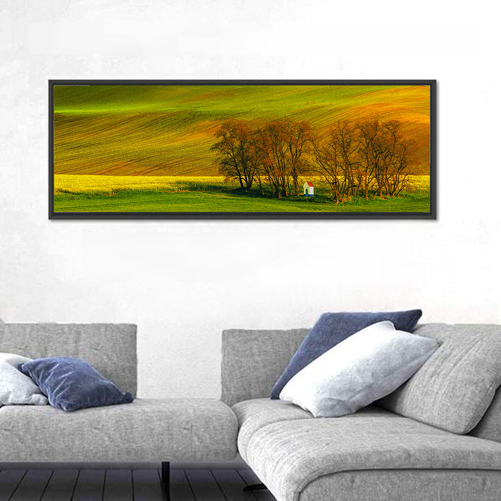 Moravian Wheat Fields with Chapel Wall Art in a room, panoramic