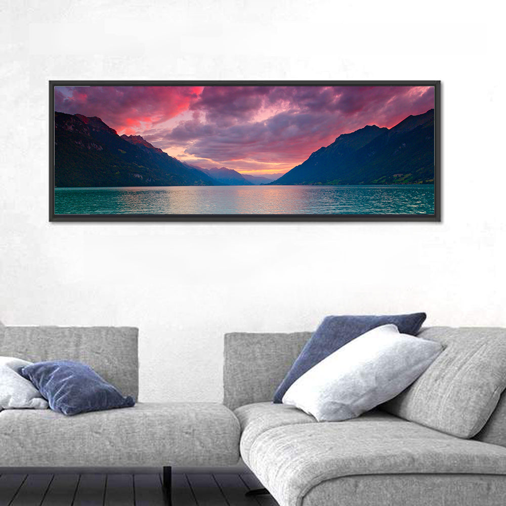 Lake Brienz Teal Sunset Wall Art in a room, panoramic
