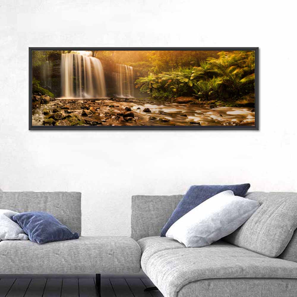 Russell Falls Golden Hour Wall Art in a room, panoramic