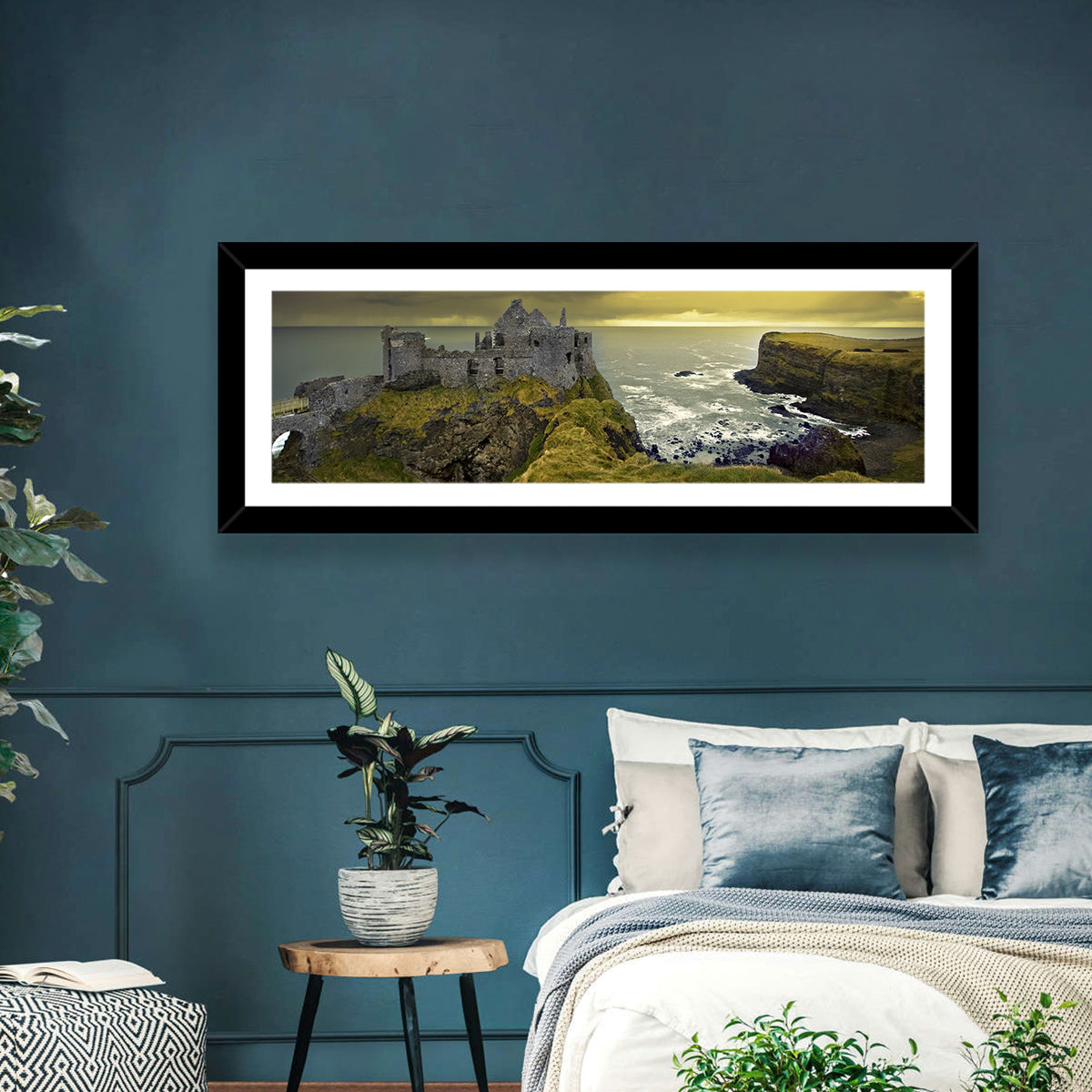 Dunluce Castle Ruins Wall Art in a room, panoramic