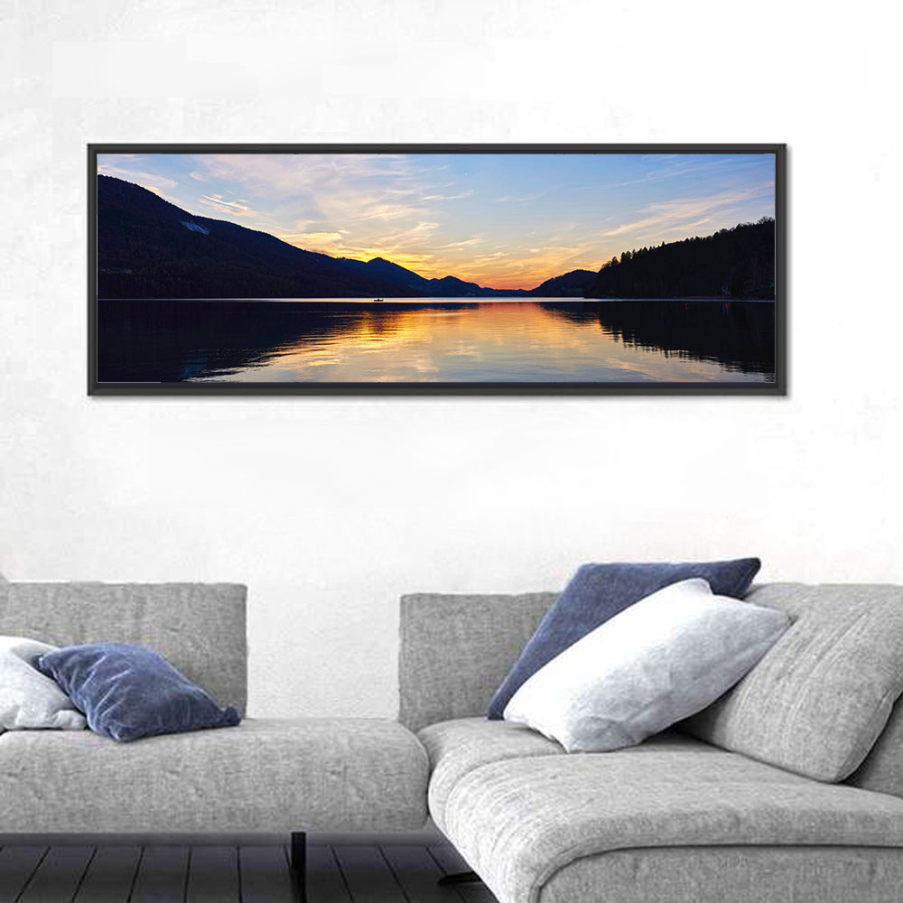 Fuschl Lake Sunset Reflections Wall Art in a room, panoramic