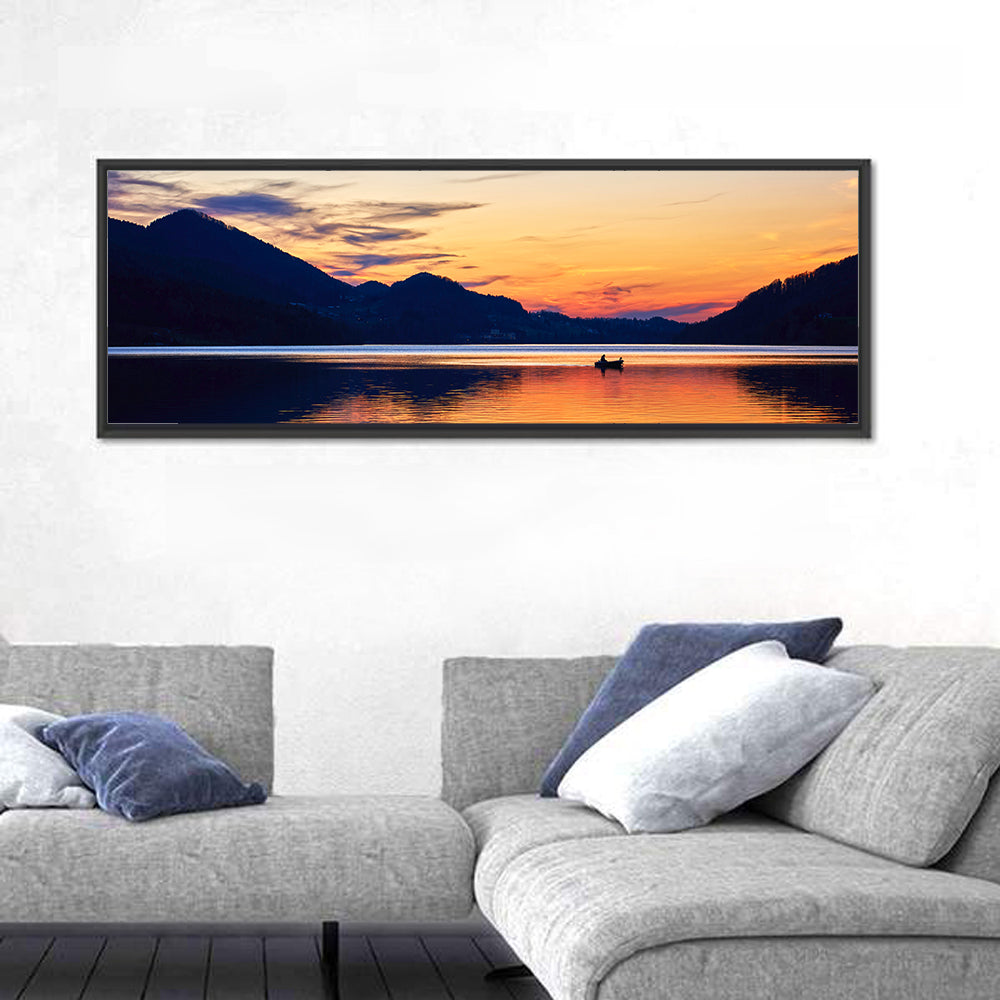 Lake Fuschl Sunset with Boat Wall Art in a room, panoramic