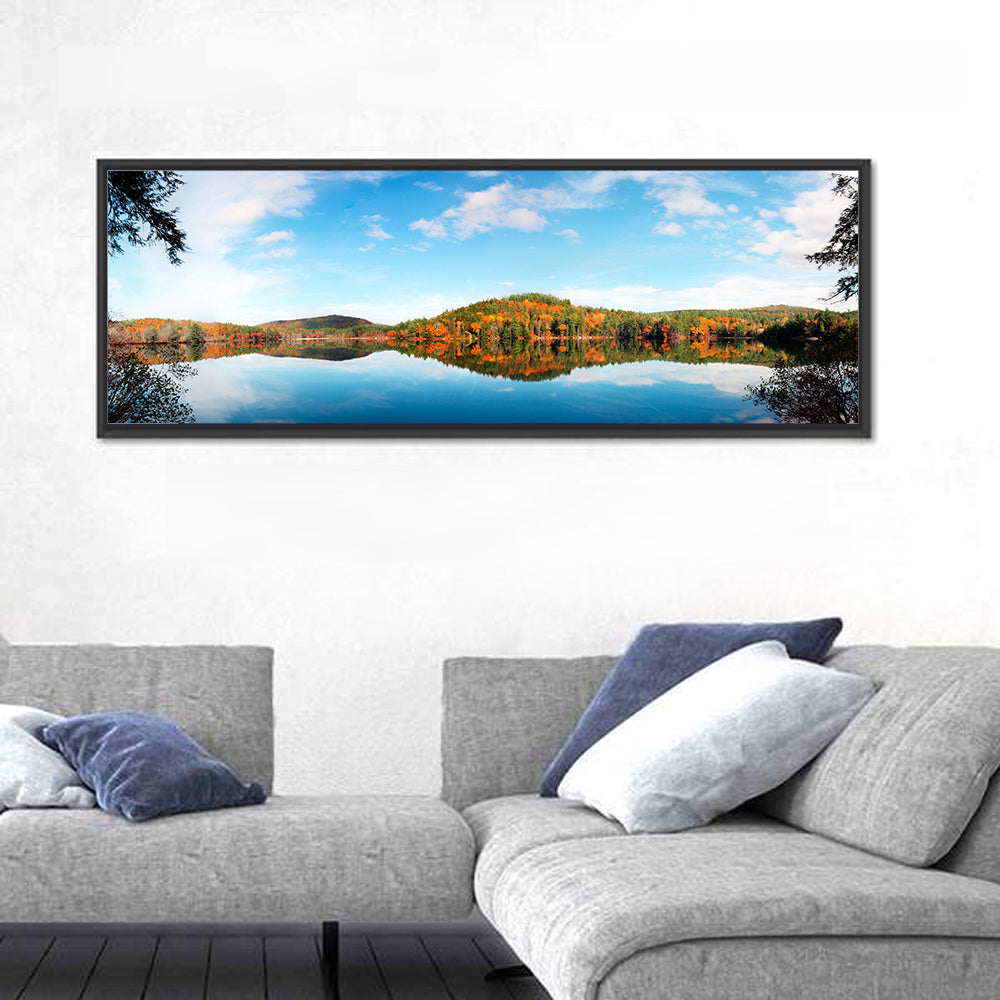 Vermont Lake Reflection Wall Art in a room, panoramic