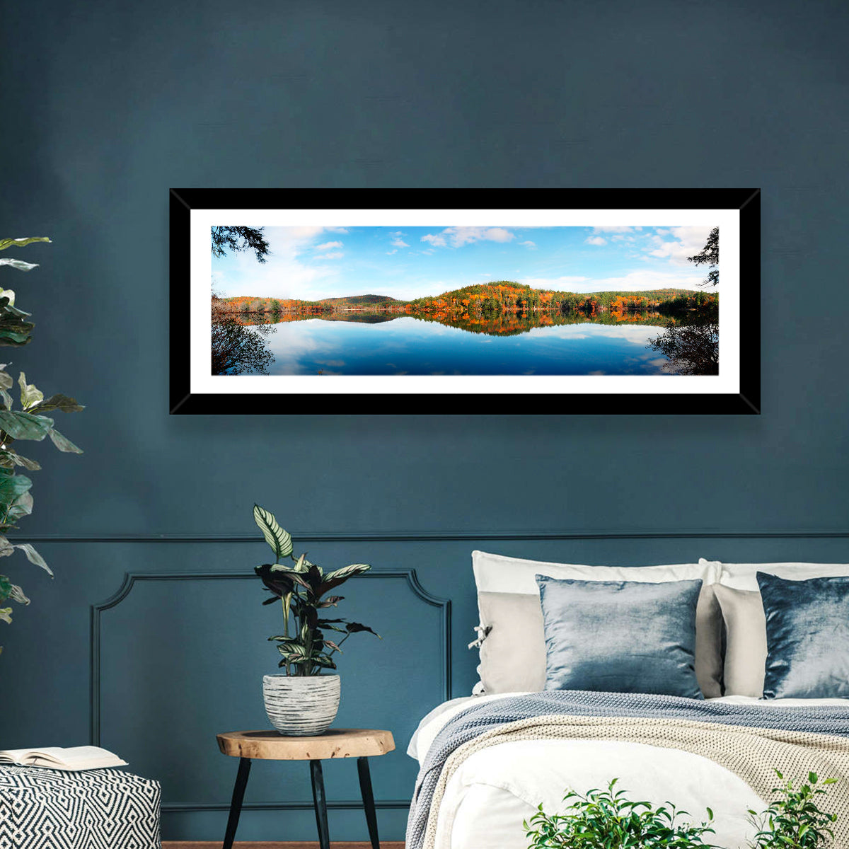 Vermont Lake Reflection Wall Art in a room, panoramic