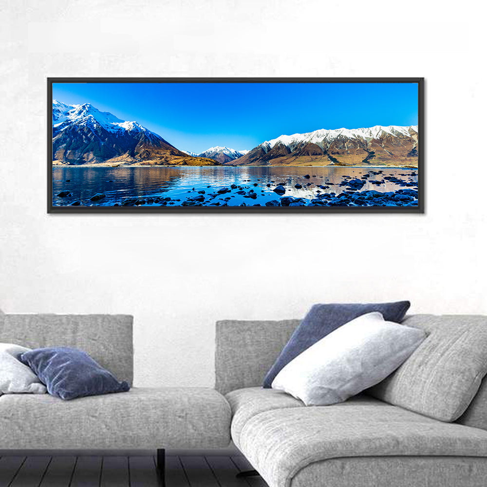 Lake Ohau Mountain Reflection Wall Art in a room, panoramic
