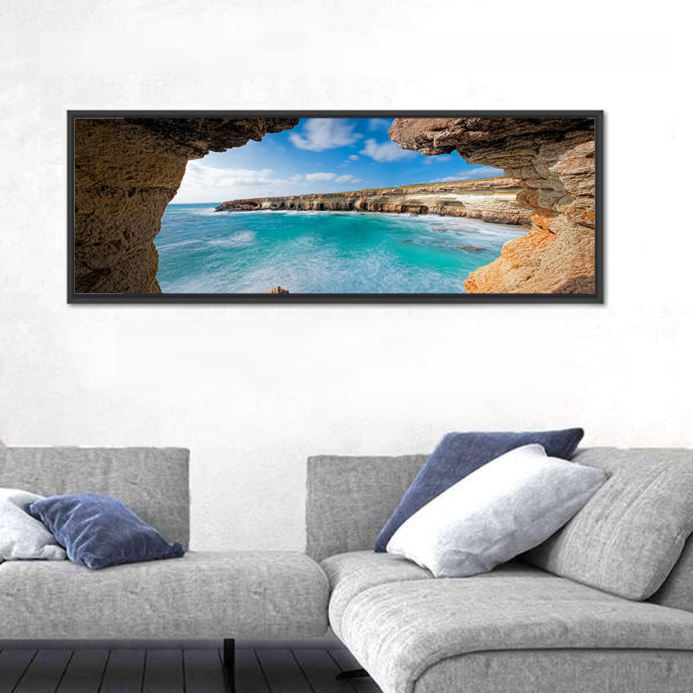 Cape Greko Sea Cave View Wall Art in a room, panoramic