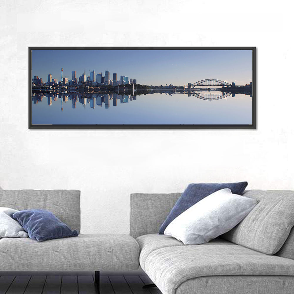 Sydney Harbour Reflection Wall Art in a room, panoramic