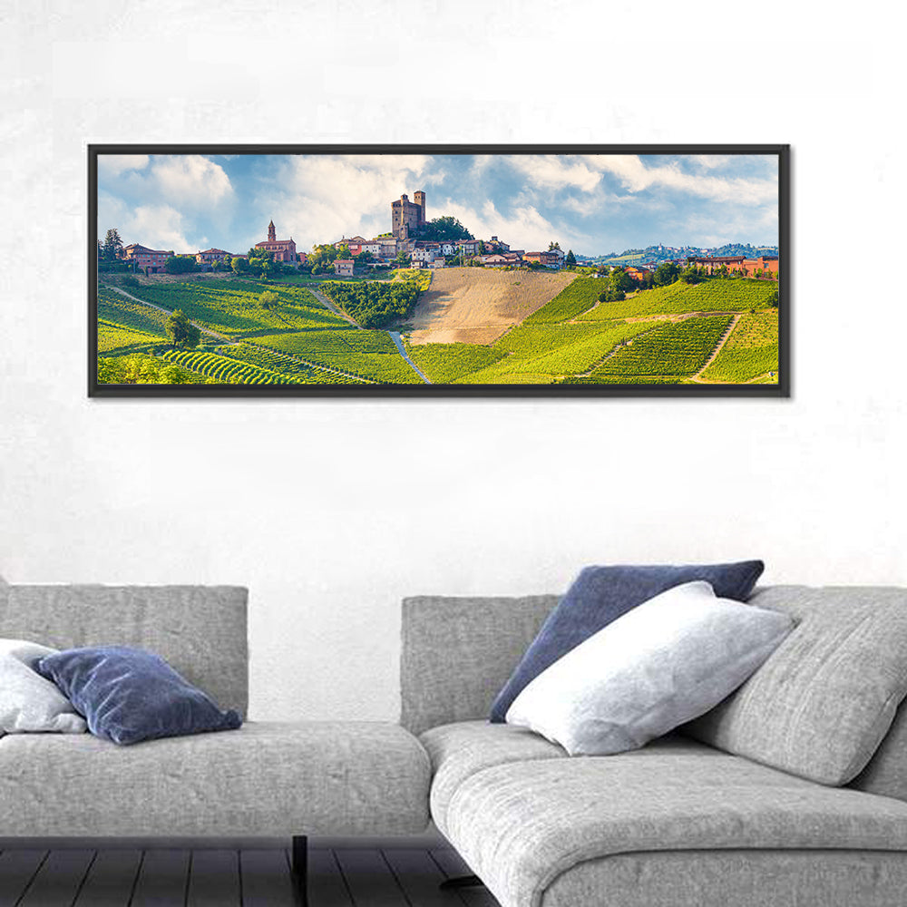 Grinzane Cavour Vineyards Wall Art in a room, panoramic