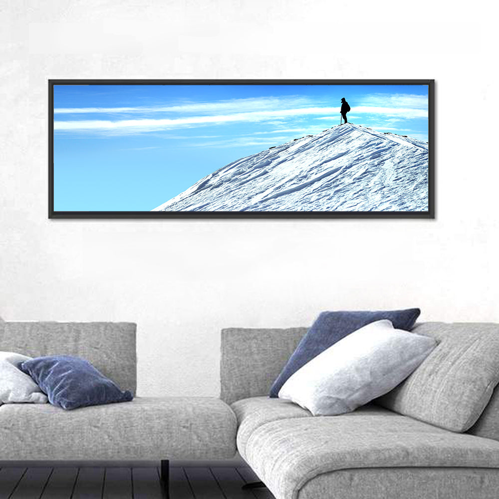 Mountaineer Summit Silhouette Wall Art in a room, panoramic