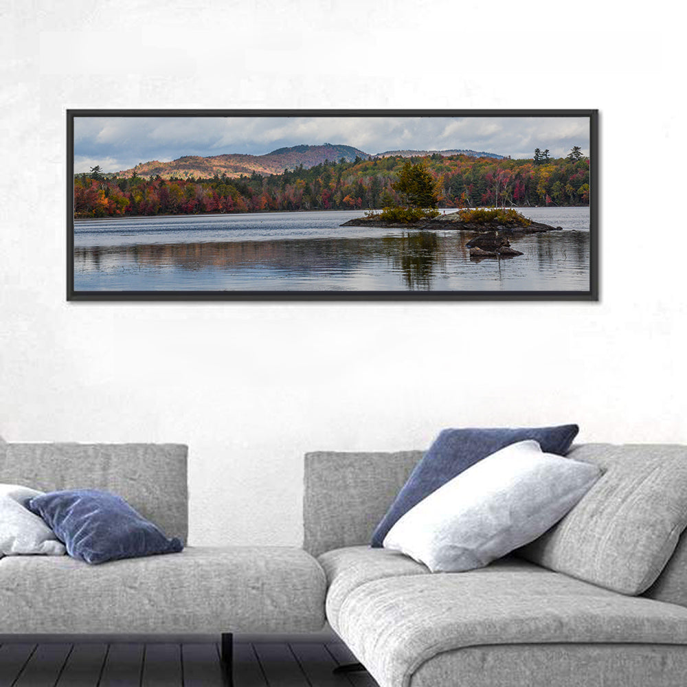 Lake Umbagog Autumn Reflection Wall Art in a room, panoramic