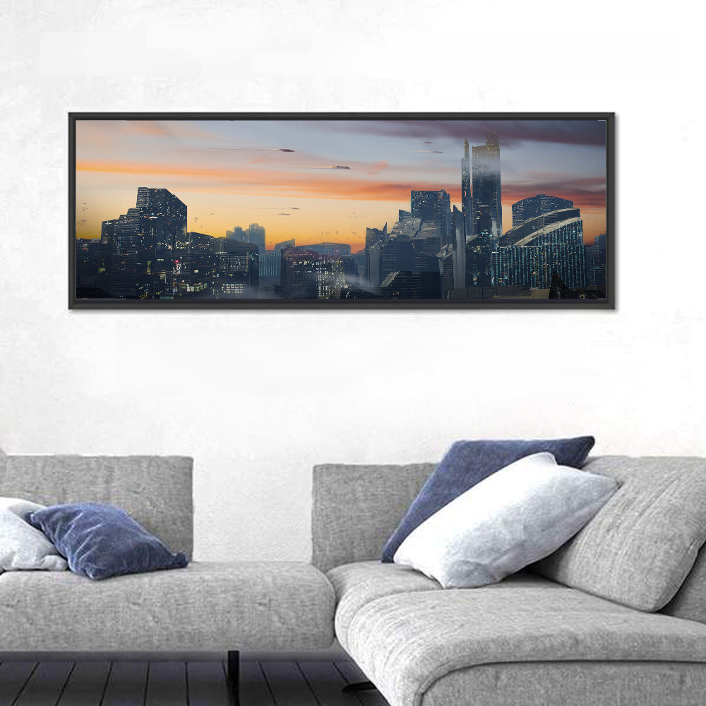 Futuristic City Skyline at Dusk Wall Art in a room, panoramic