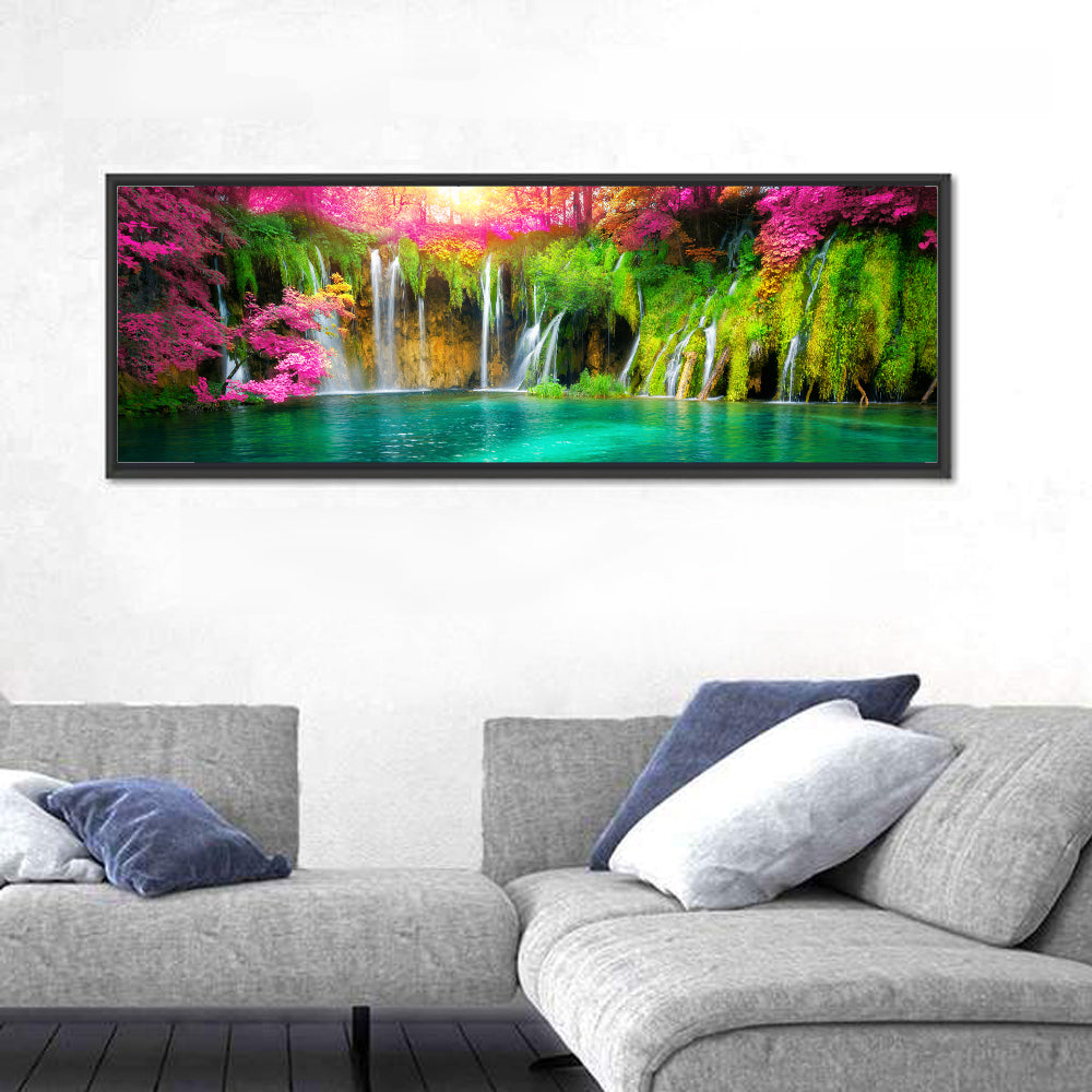 Plitvice Falls in Golden Light Wall Art in a room, panoramic