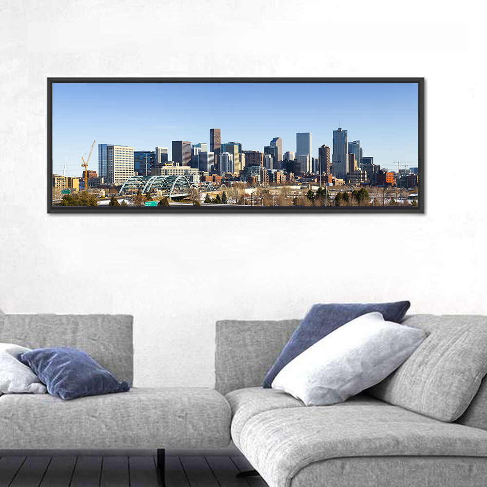 Denver Skyline with Speer Boulevard Bridge Wall Art in a room, panoramic