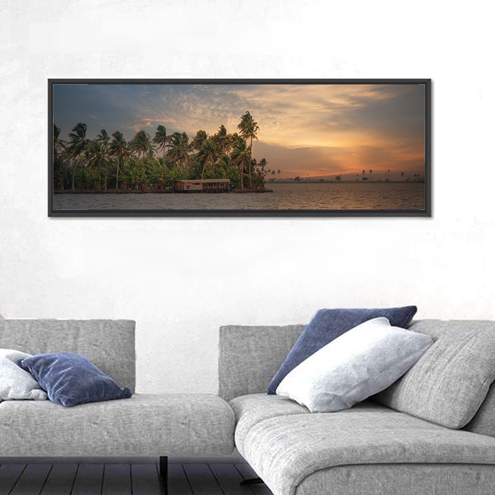 Vembanad Lake Sunset Wall Art in a room, panoramic