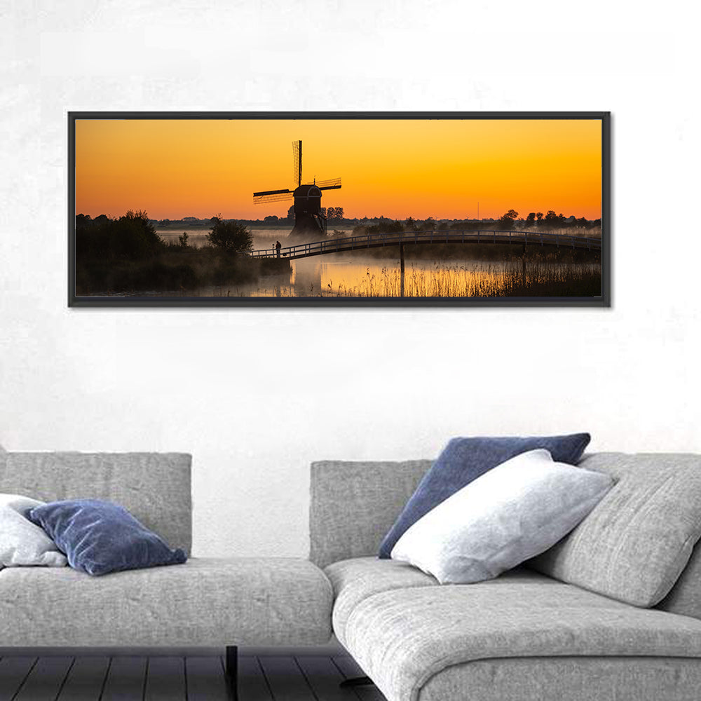 Misty Sunrise Windmill Wall Art in a room, panoramic