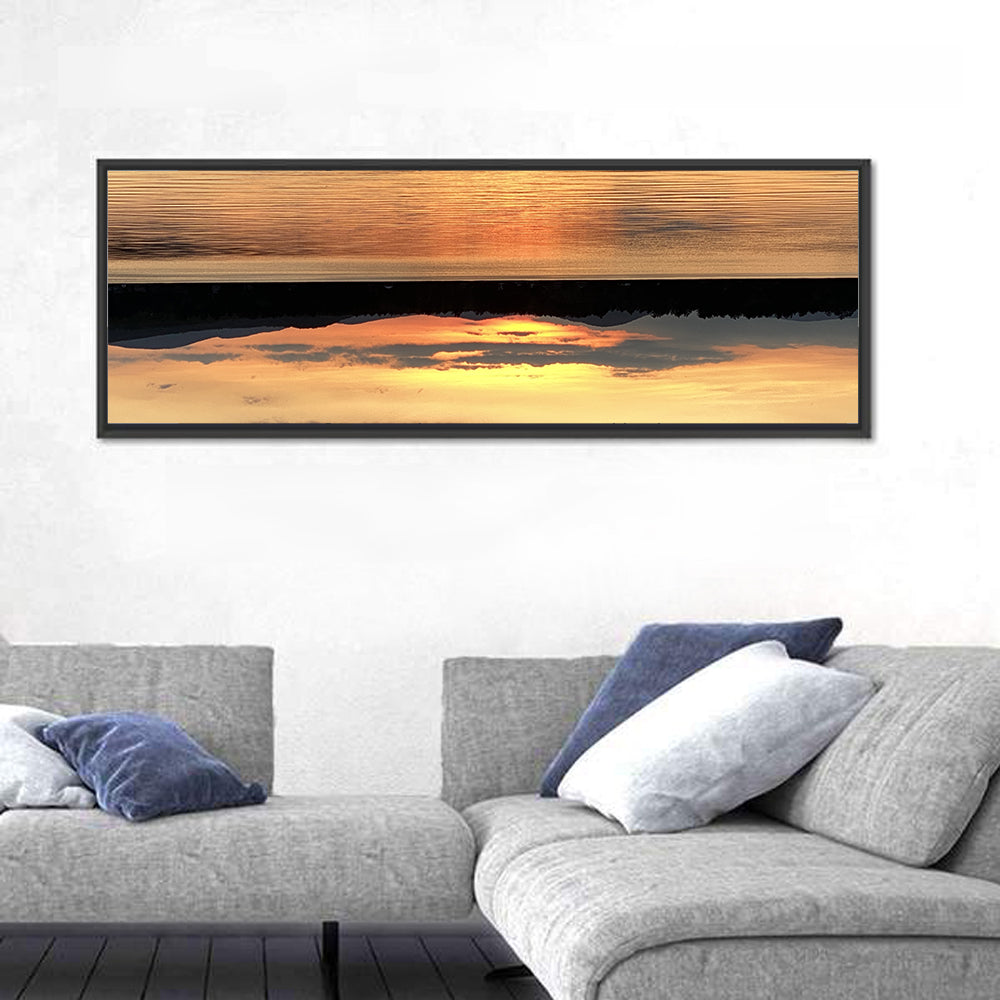 Lake Pleasant Golden Sunset Wall Art in a room, panoramic