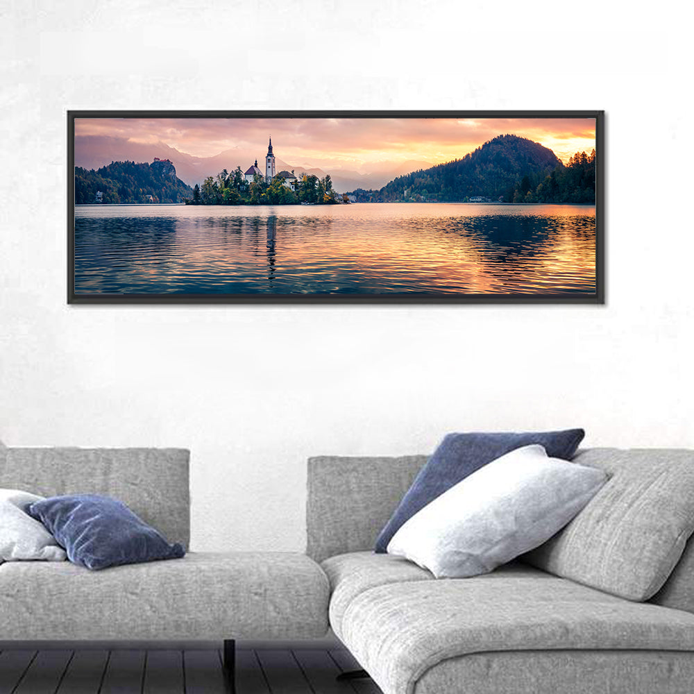Golden Hour at Bled Island Wall Art in a room, panoramic