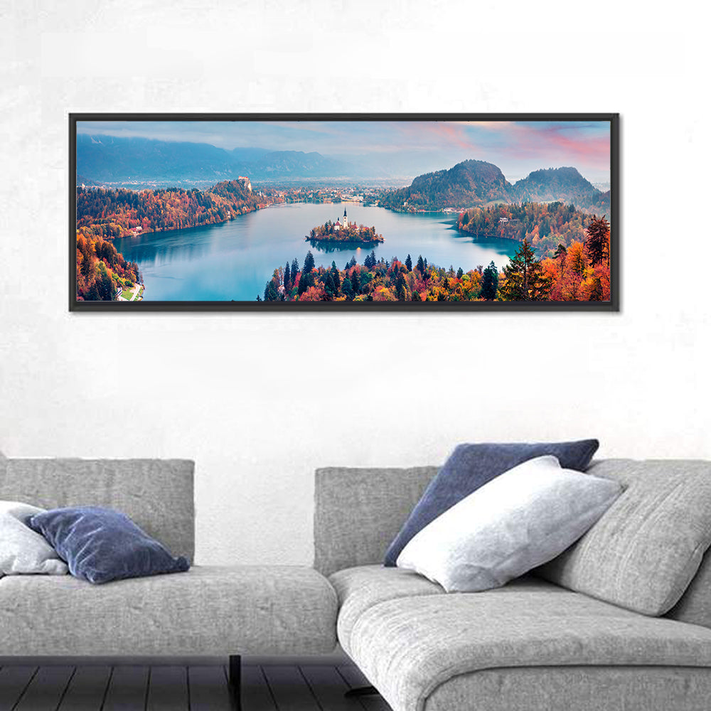 Sunset Over Lake Bled Wall Art in a room, panoramic