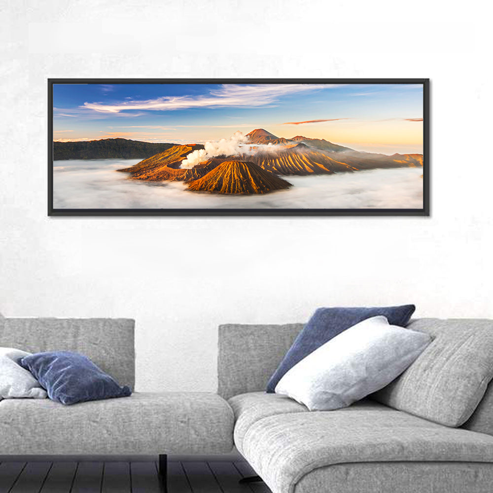 Mount Bromo Sunrise Wall Art in a room, panoramic
