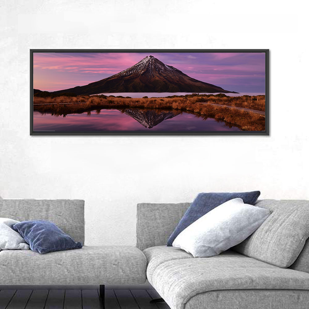 Mount Taranaki Reflection Wall Art in a room, panoramic