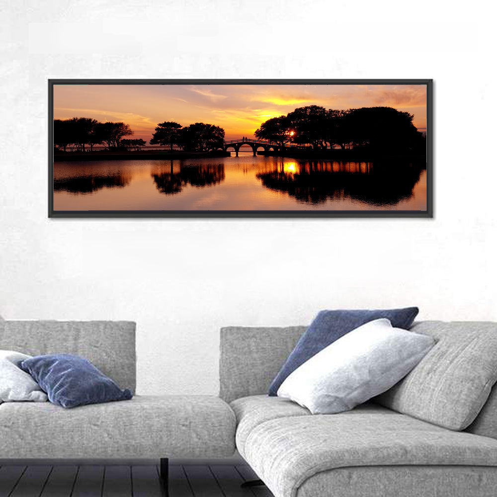 Tranquility Bridge at Sunset Wall Art in a room, panoramic