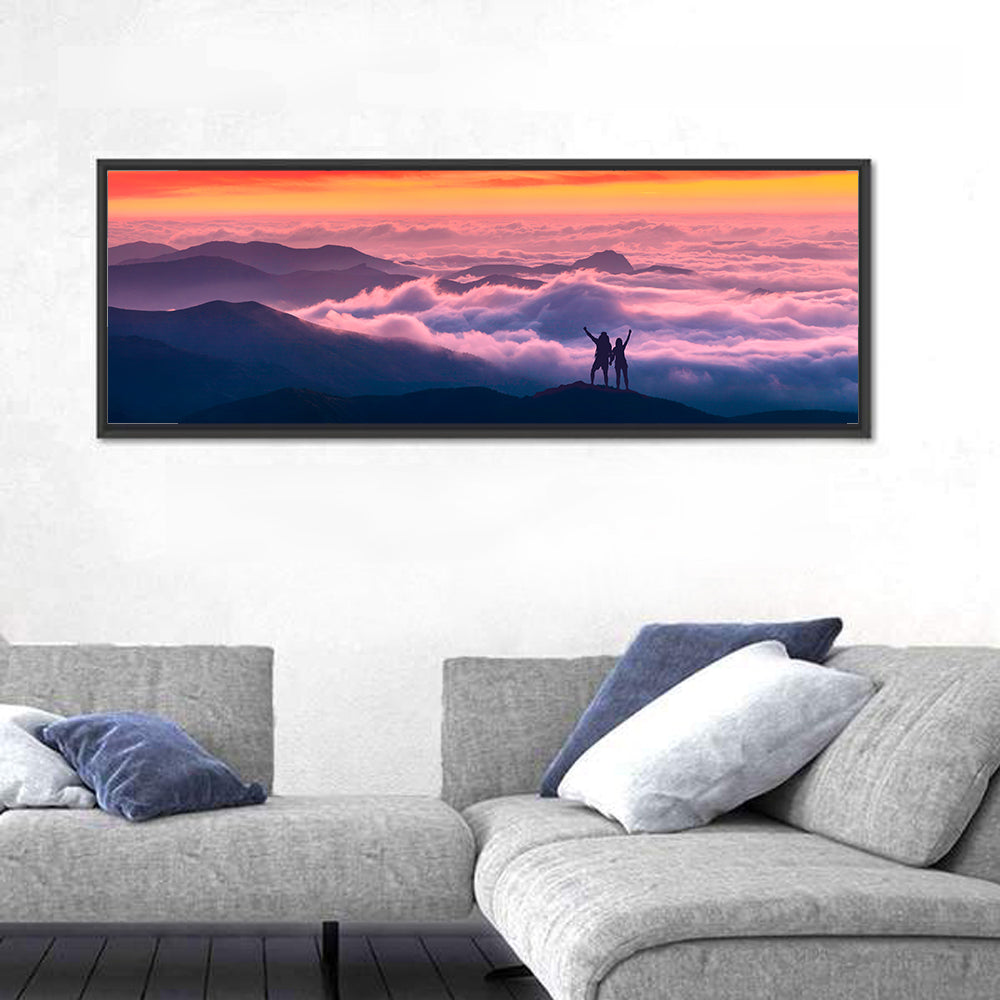Sunset Summit Hikers Wall Art in a room, panoramic