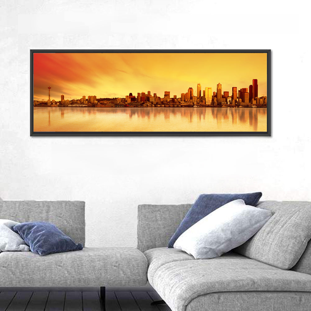 Seattle Skyline in Golden Hour Wall Art in a room, panoramic
